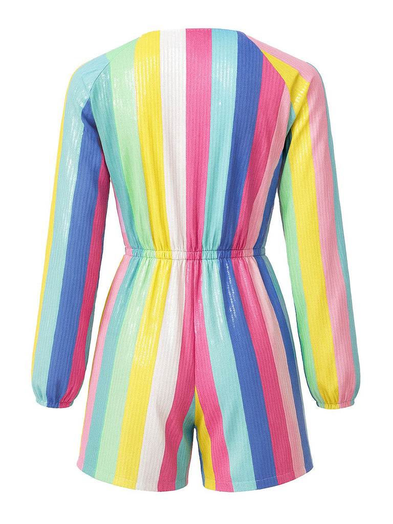 1980s Colorful Striped Sequined V-Neck Romper
