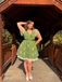 Green 1950s Floral Puff Sleeve Mesh Embroidered Dress