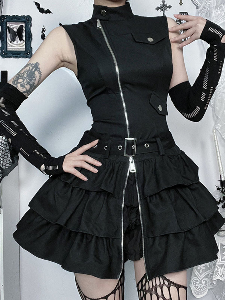 Black 1980s Steampunk Solid Zipper Belted Dress