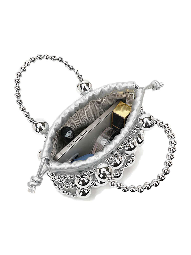 Metallic Beaded Drawstring Mini Bucket Bag