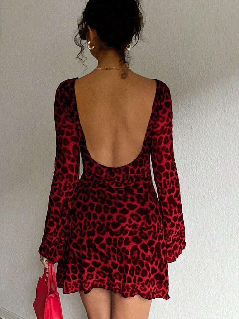 1980s Leopard Sheer Long-Sleeve Backless Dress