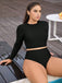 [Plus Size] Black 1980s Solid Long Sleeve High Waist Swimsuit Set