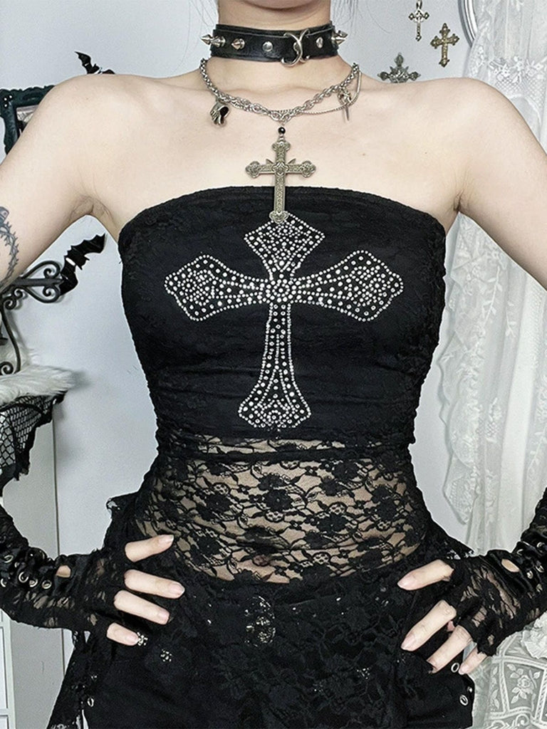 Black 1980s Cross Rhinestone Lace Strapless Tank Top
