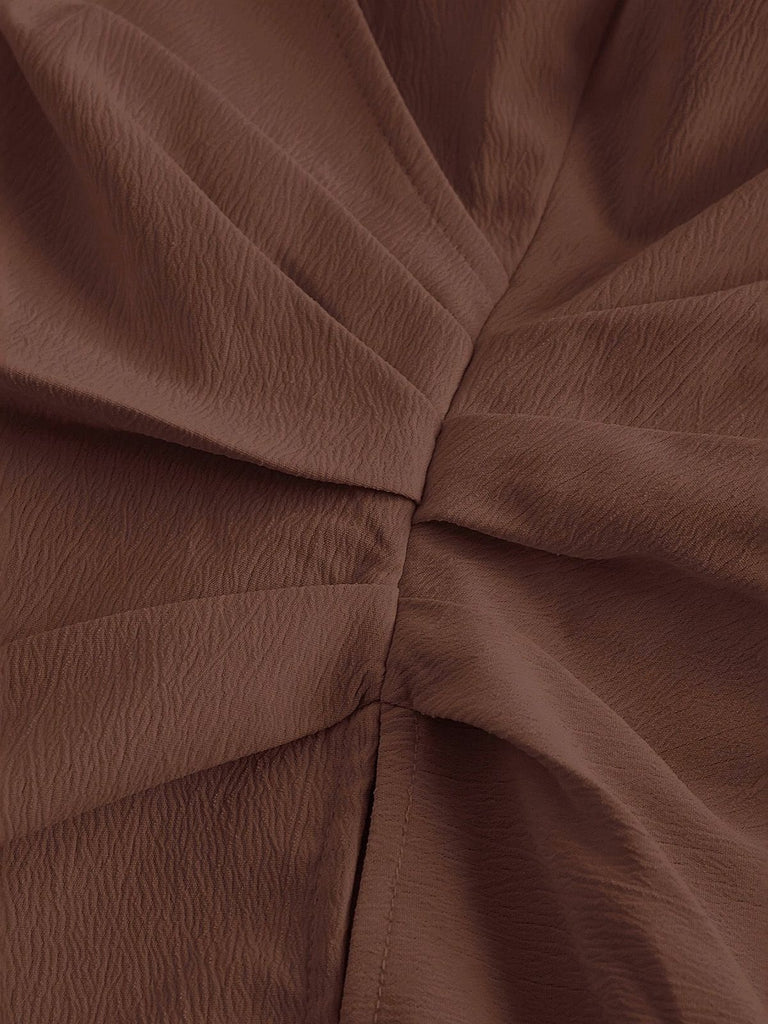 Coffee 1930s Lapel V-Neck Fitted Waist Lantern Sleeve Blouse