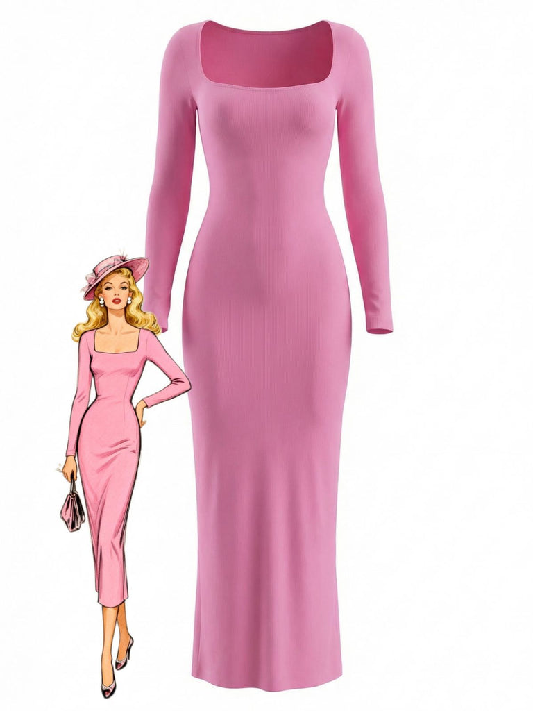 Pink 1980s Square-Neck Long-Sleeve Ribbed Knit Maxi Dress