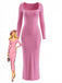 Pink 1980s Square-Neck Long-Sleeve Ribbed Knit Maxi Dress