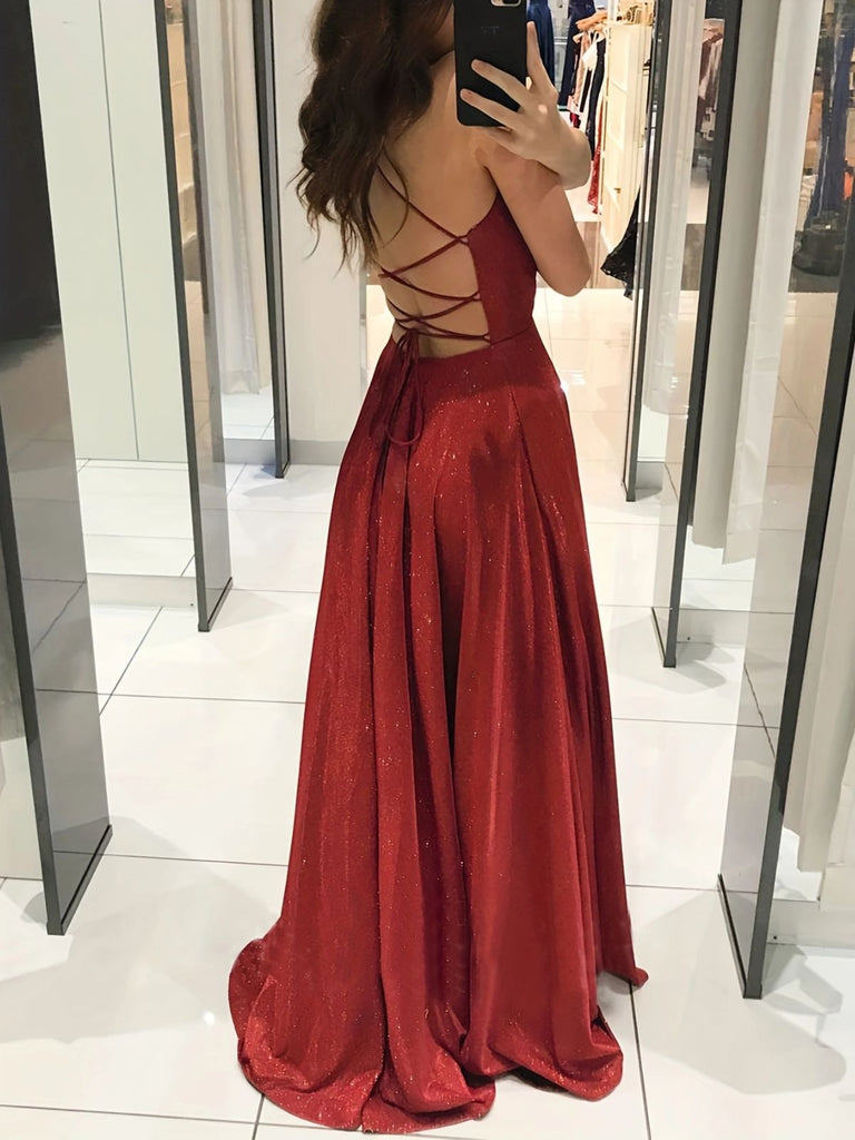 [Plus Size] Burgundy Glitter Spaghetti Strap Backless Maxi Dress
