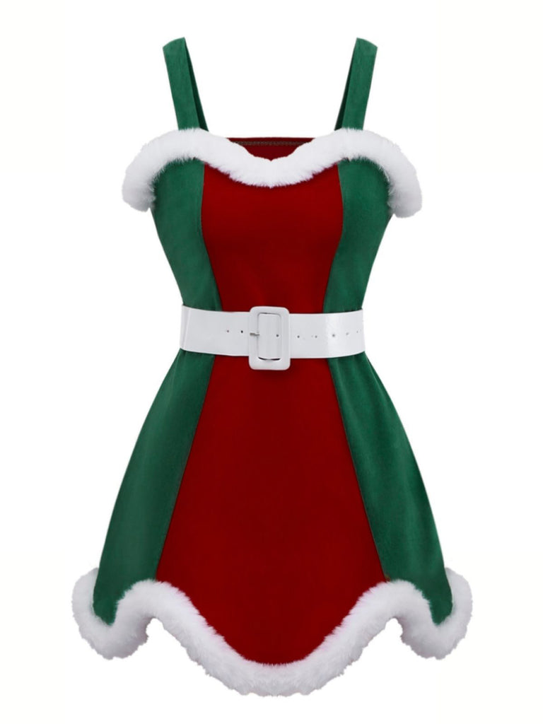 Red & Green 1960s Christmas Plush Trim Dress Set