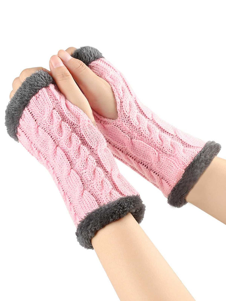 Winter Faux Fur Trim Knit Fingerless Gloves