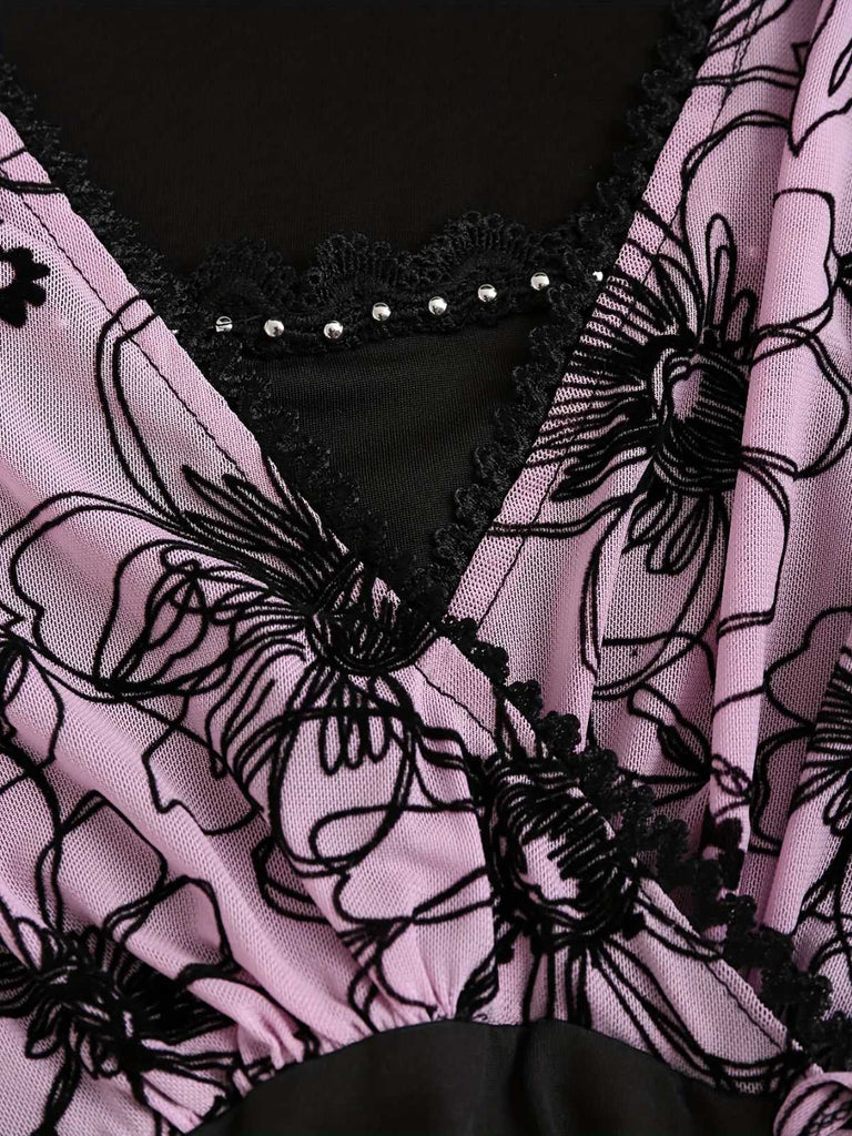 [Plus Size] 1960s Flared Sleeve Drawstring Floral Blouse