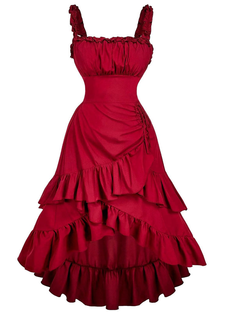 1950s Suspender Ruched Tiered Ruffle Hem Dress