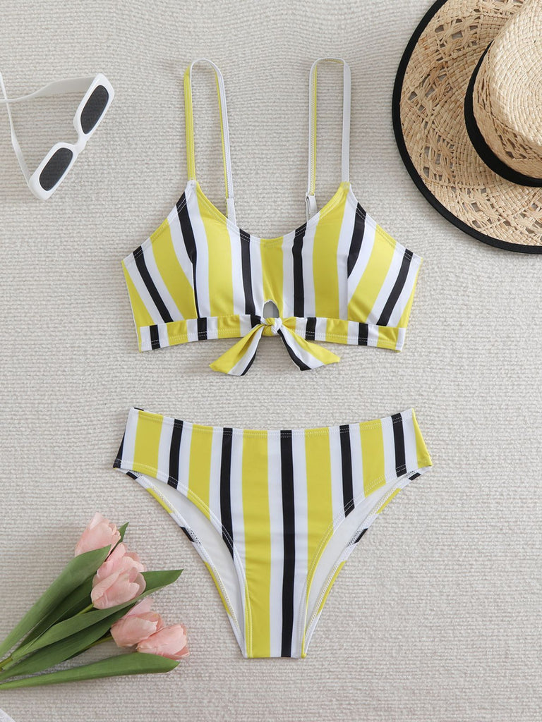 1940s Spaghetti Strap Bow Contrast Stripes Bikini