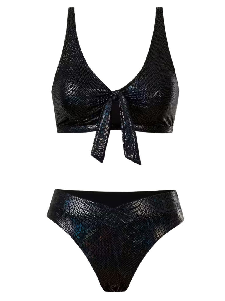 1970s Snakeskin Metallic Tie-Front Bikini Set