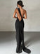 1980s Solid One-Shoulder Evening Backless Dress with Train