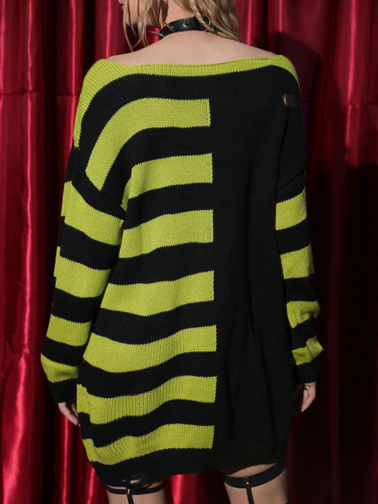1980s Halloween Lace-Up Striped Distressed Knit Sweater