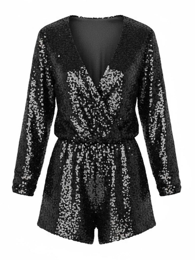 1970s V-Neck Sequin Long Sleeve Romper