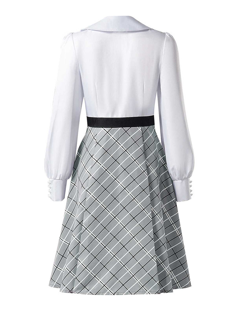 Grey 1940s Peter Pan Collar Bow Plaid Dress