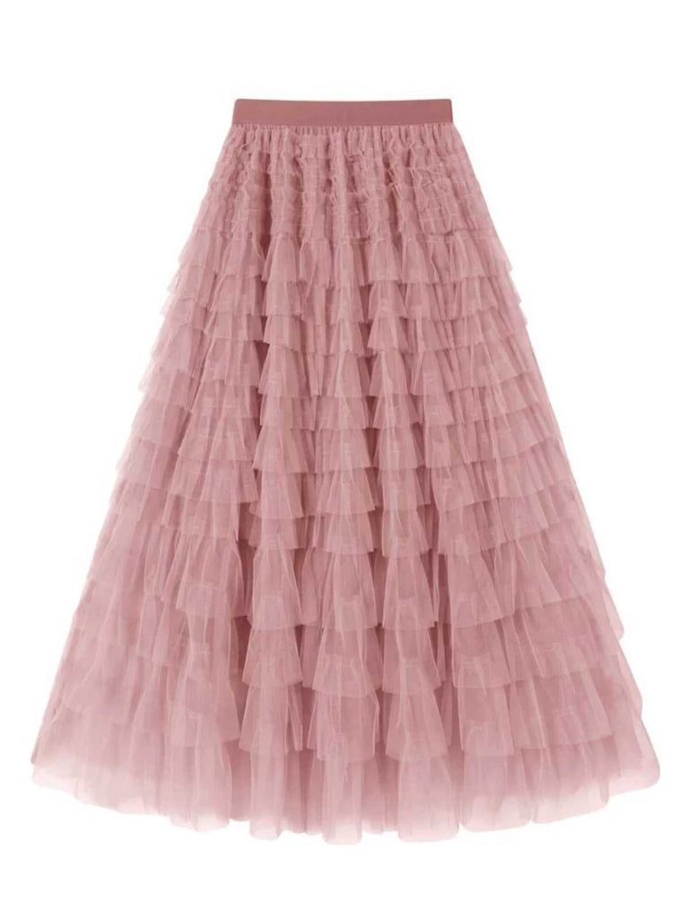 1940s Tiered Mesh Ruffle A-Line Solid Skirt