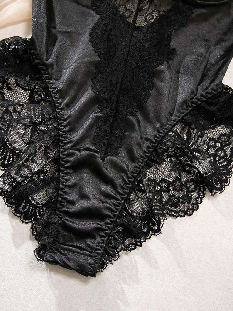 [Pre-Sale] Black 1980s Slip Satin Lace Underwire Lingerie With Stockings