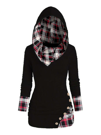 1940s Knit Plaid Button Hooded Sweater