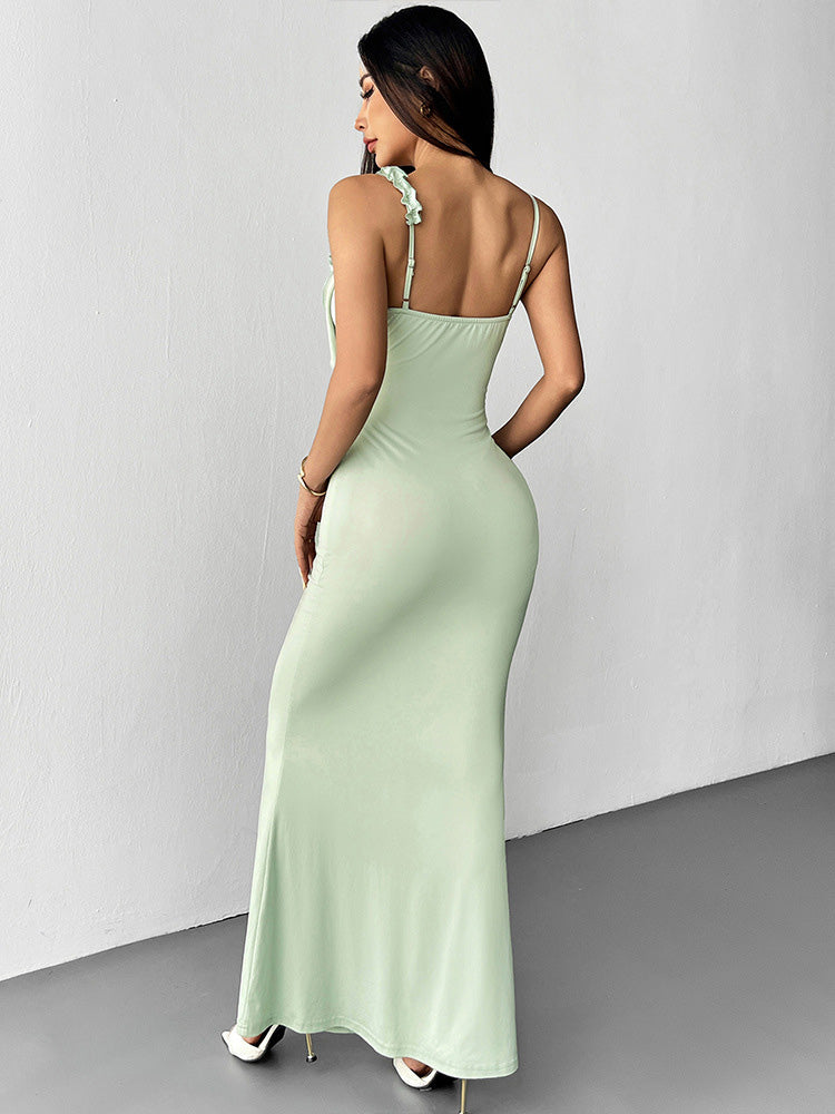 Green 1930s Spaghetti Strap 3D Flower Maxi Dress