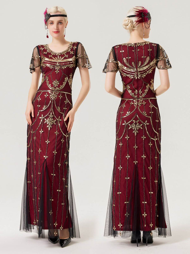 1920s Beaded Mesh Short Sleeve Charleston Dress