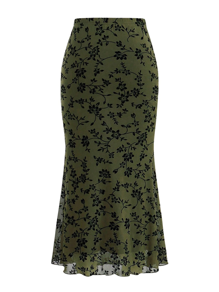 1930s Flocked Floral Maxi Mermaid Skirt