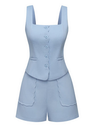 2PCS 1960s Wide Strap Button Square Neck Top & Shorts