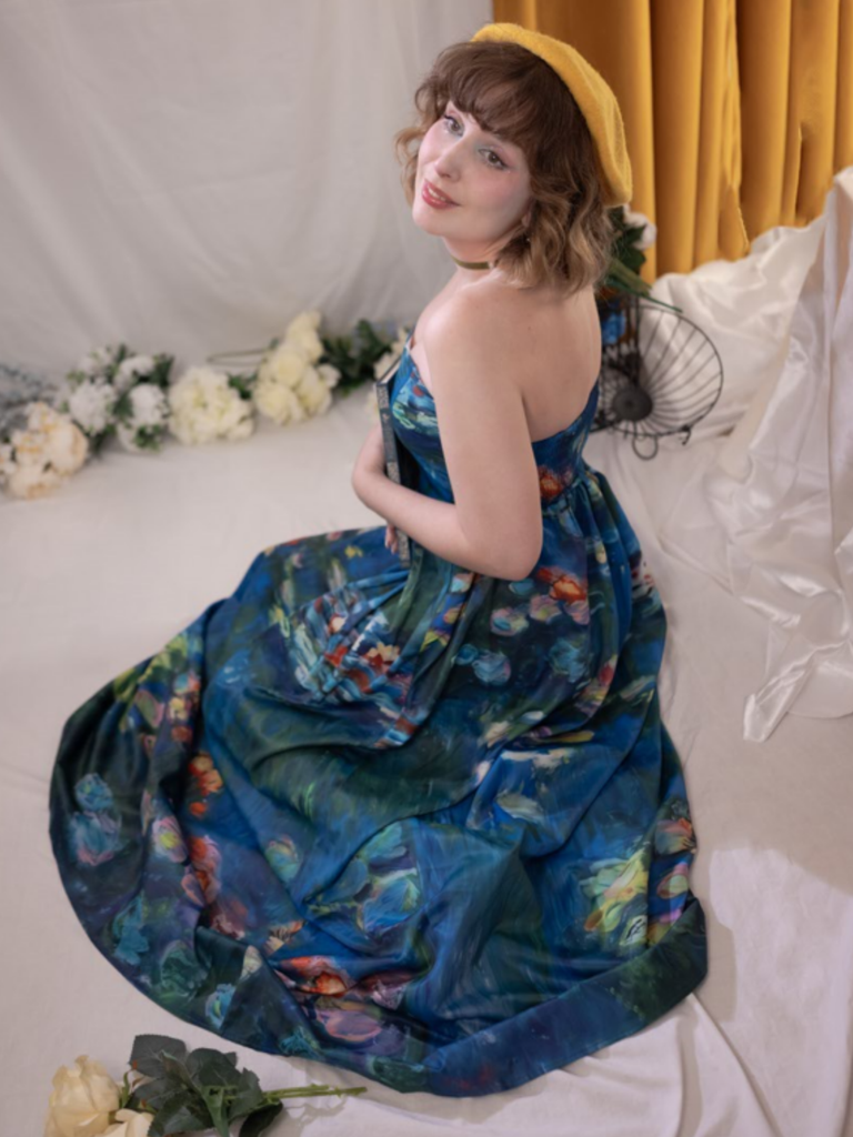 Blue 1950s Water Lily Sweetheart Strapless Dress