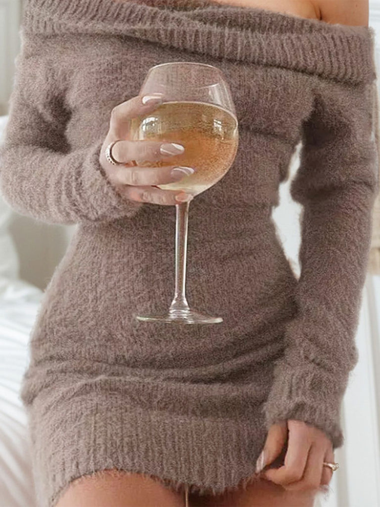 1980s Off-Shoulder Mohair Long Sleeves Dress