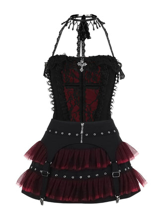 2PCS Black 1980s Gothic Steampunk Halter Cross Camisole & Mini Skirt