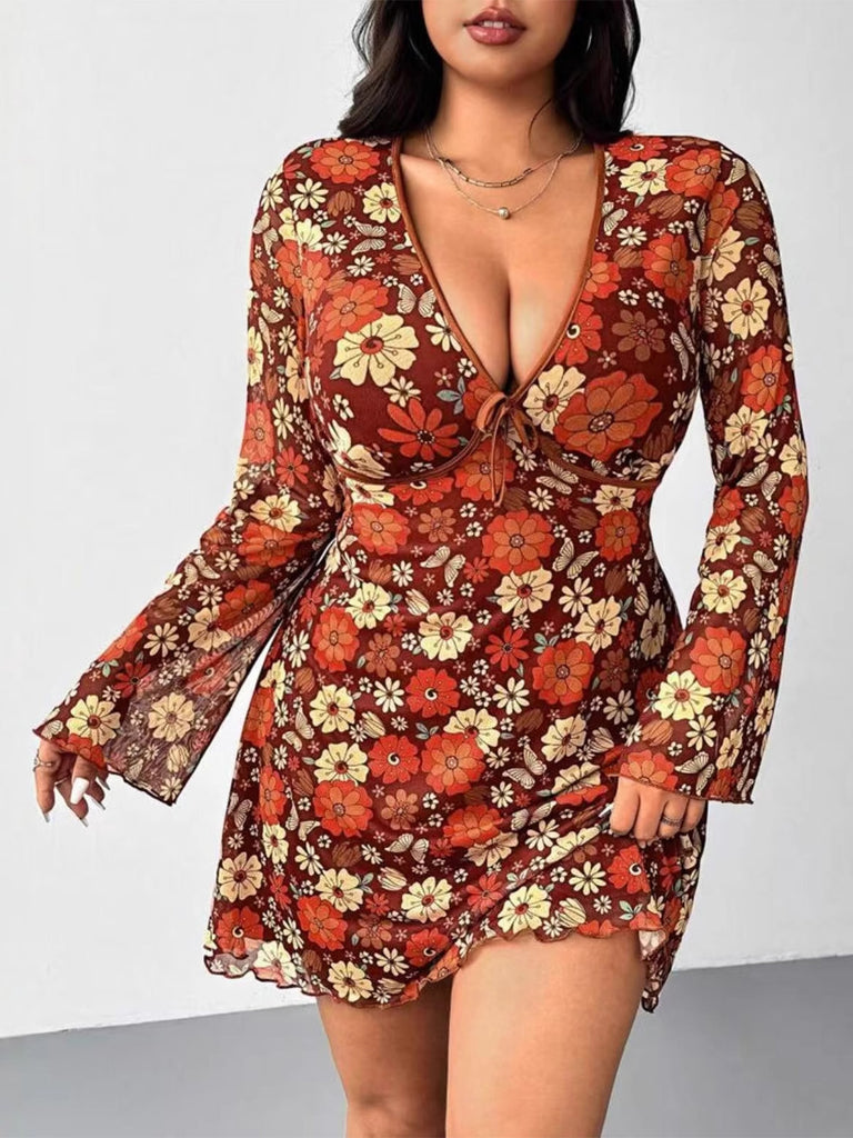 [Plus Size] Orange 1960s V-Neck Floral Dress