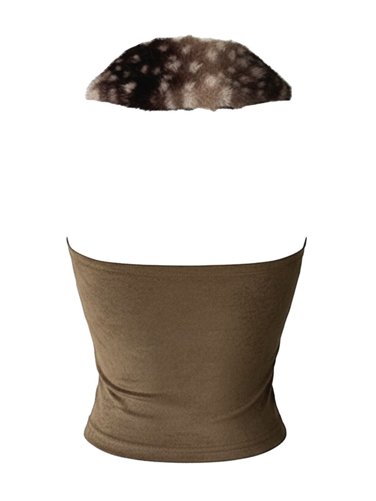 Brown 1980s Deer Faux Fur-Trimmed Crop Top