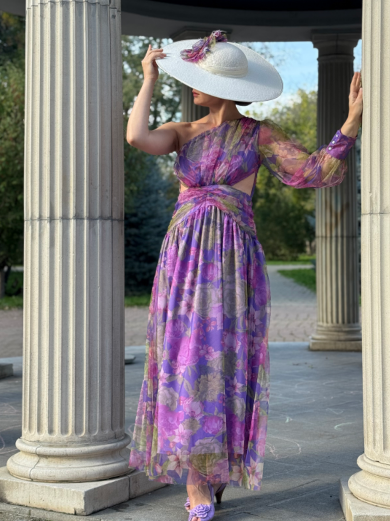 Purple 1930s Mesh One-Shoulder 3D Floral Evening Dress
