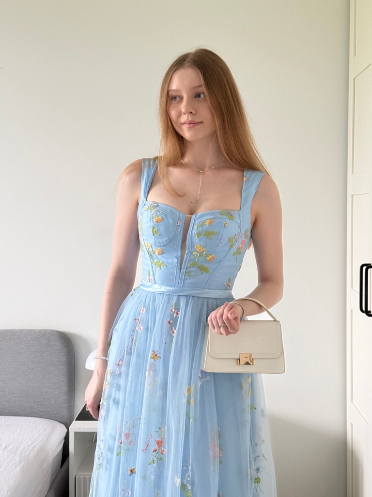 Light Blue 1930s Floral Mesh Boned Lace-Up Dress