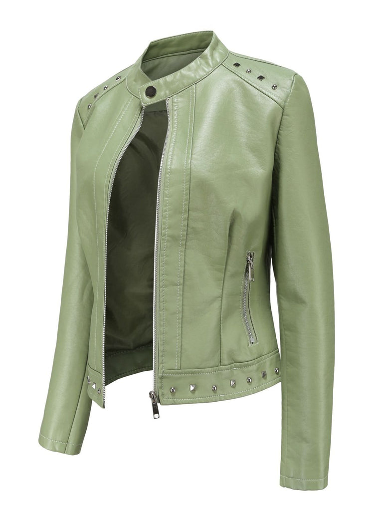 1940s Solid Studded Stand Collar Leather Jacket