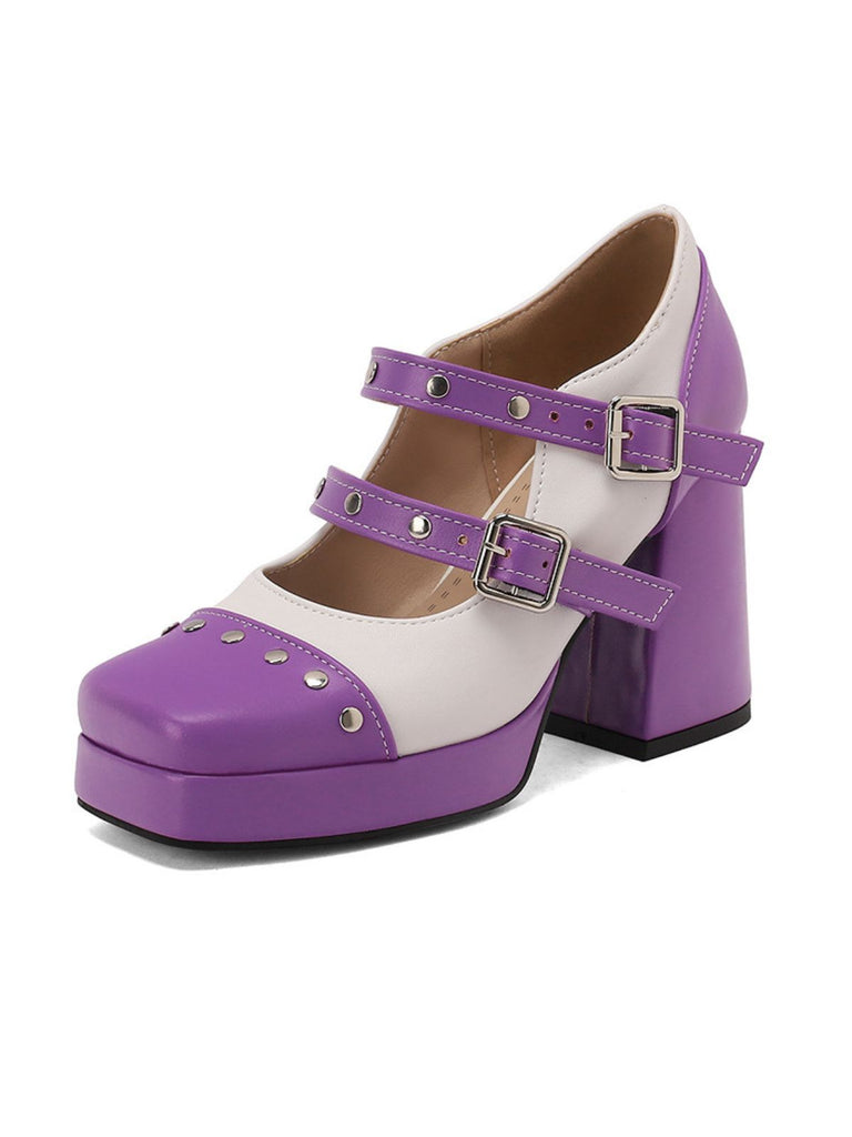 Mary Jane Studded Square Toe Block Heel Shoes