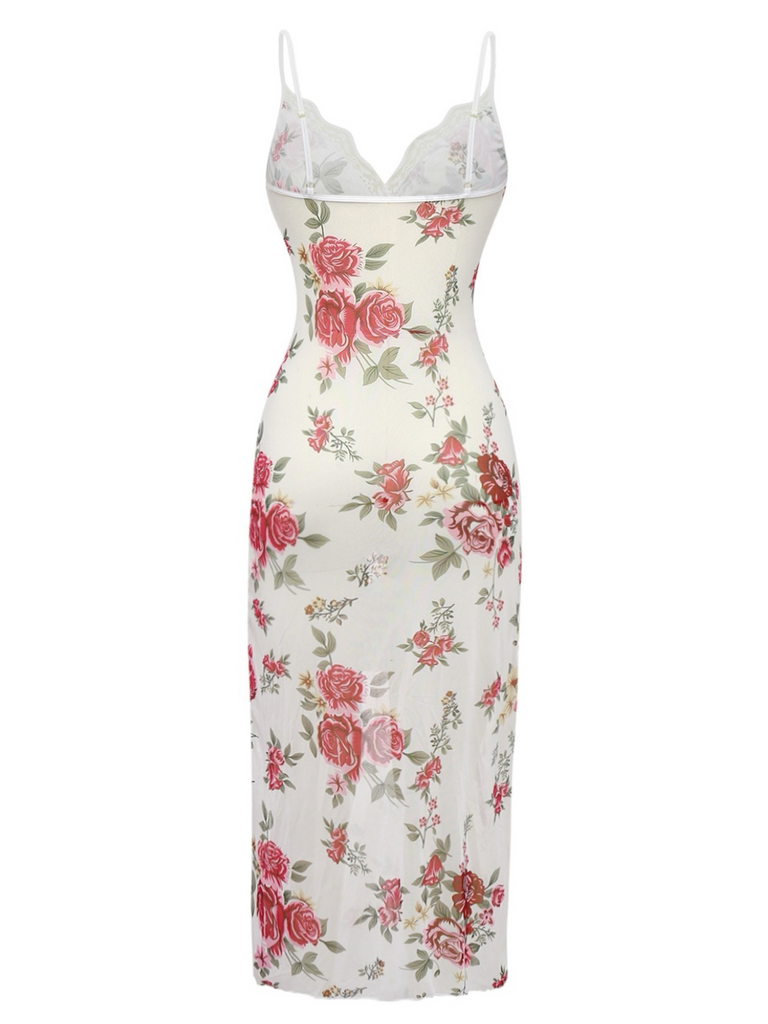 White 1930s Lace Floral Mesh Spaghetti Straps Nightgown