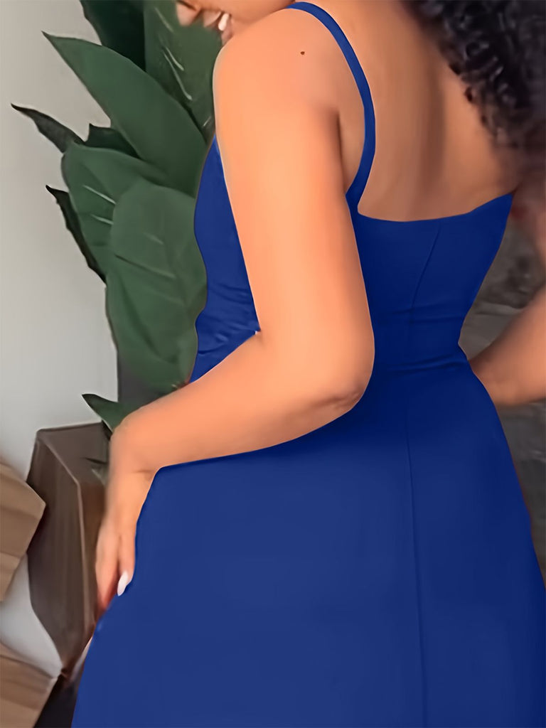 [Plus Size] Blue 1960s Spaghetti Strap Ruffles Hem Dress