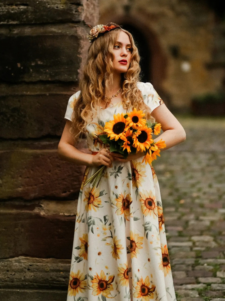 Orange 1950s Sunflower Sweetheart Neck Dress