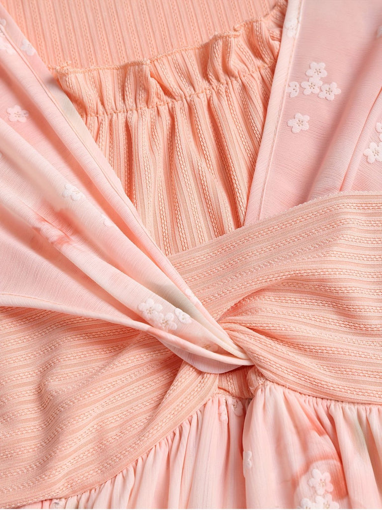 [Plus Size] Pink 1970s Floral Ruffled Irregular Hem Dress