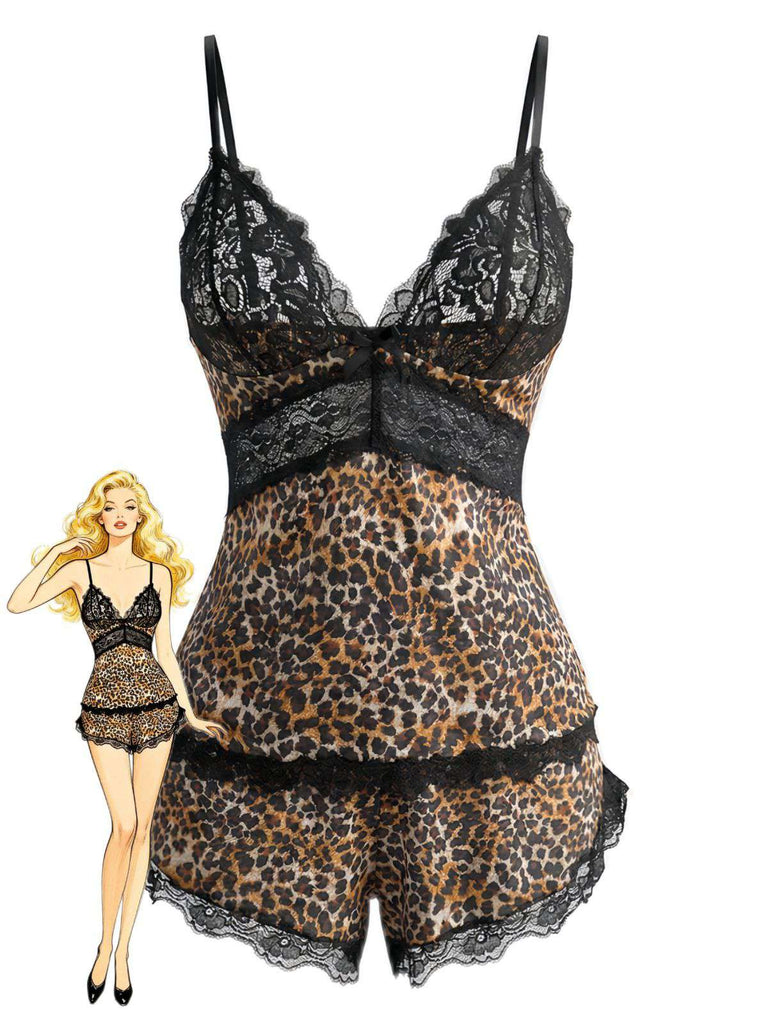 Brown 1970s Leopard Lace Spaghetti Strap Pajama Set