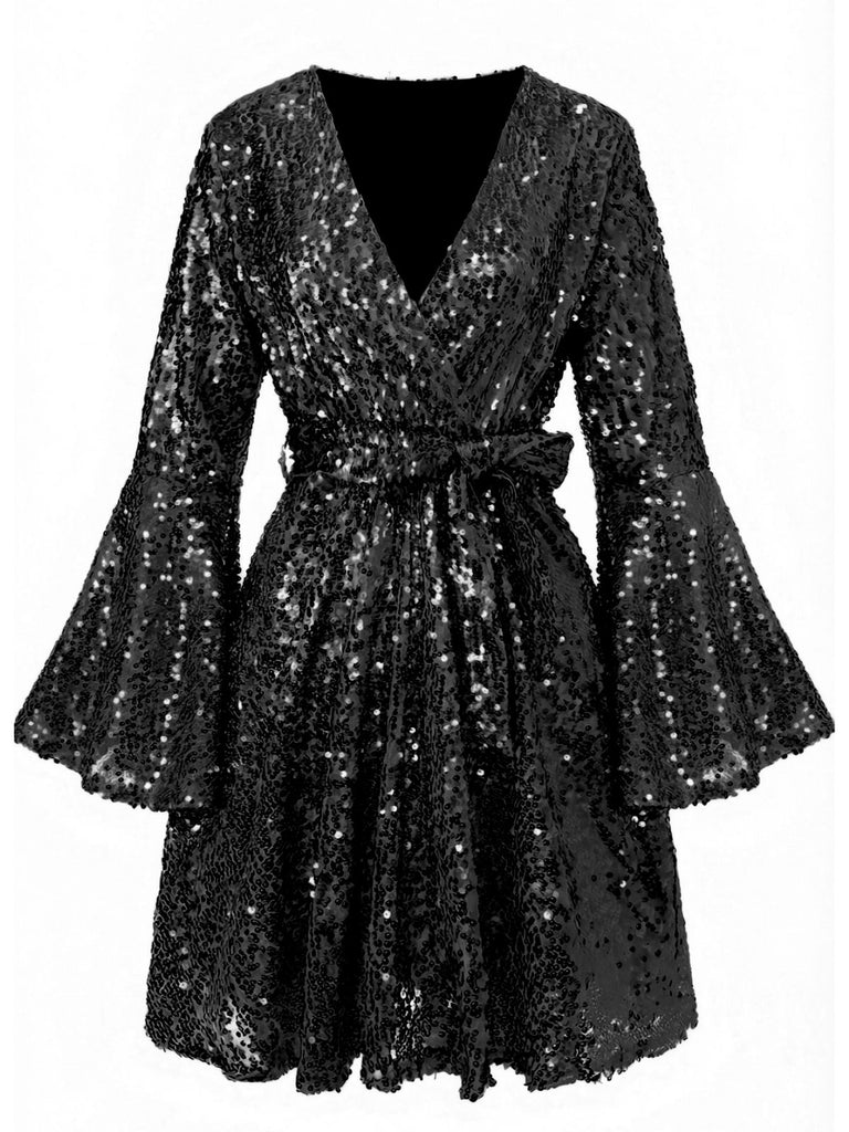 1970s V-Neck Flare Sleeve Sequined Disco Dress