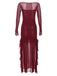 Wine Red 1970s Sheer Mesh Ruffle Maxi Dress