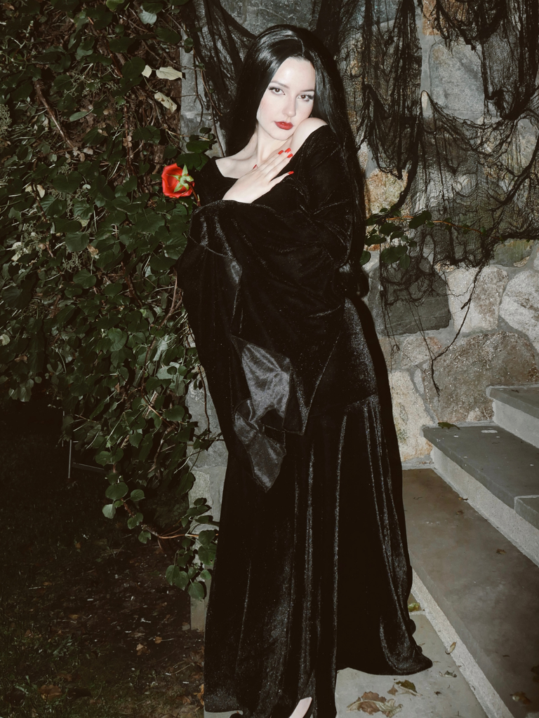 Black 1930s Wednesday Morticia-Inspired Velvet Bell Sleeves Mermaid Dress