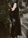 Black 1930s Wednesday Morticia-Inspired Velvet Bell Sleeves Mermaid Dress