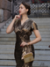 1930s Metallic Textured Floral Cinched Waist Fishtail Dress