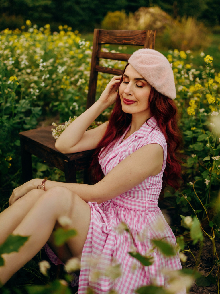 Pink 1940s Gingham Lapel V-Neck Belted Swing Dress