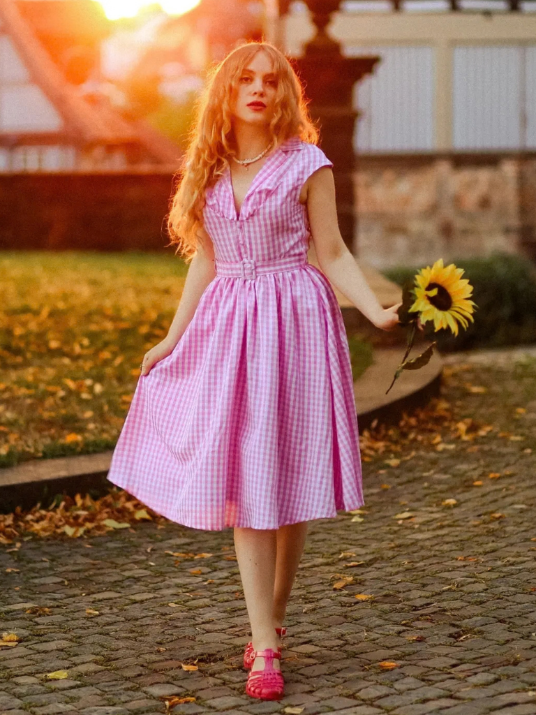 Pink 1940s Gingham Lapel V-Neck Belted Swing Dress