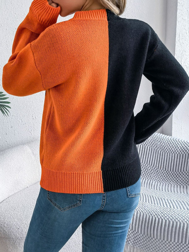 1940s Halloween Pumpkin Face ColorBlock Knit Sweater